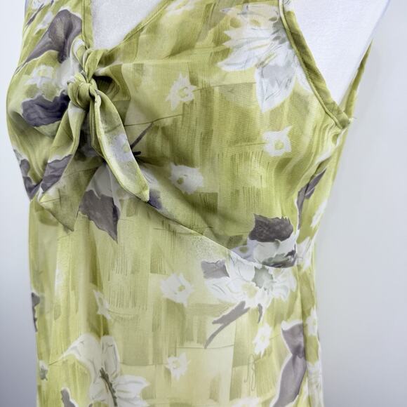 Vintage Y2K First Time Green Floral Sleeveless Blouse Medium Sheer Tie Bodice - Picture 5 of 12